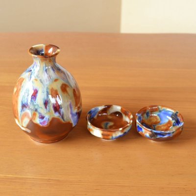 Photo3: Sake set 1 pc Tokkuri bottle and 2 pcs Cups Kirameki | Kusuo Baba's work in Shinemon Kiln