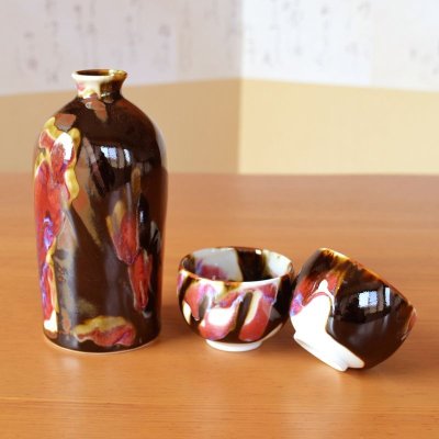 Photo3: Sake set 1 pc Tokkuri bottle and 2 pcs Cups Yume | Kusuo Baba's work in Shinemon Kiln