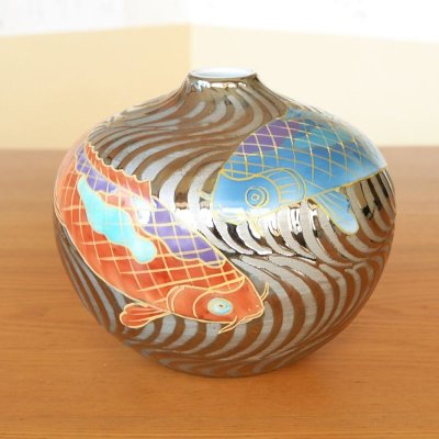 Photo2: Small Vase Koi Carp Platinum Color Ryusui | Fujii Kinsai's work