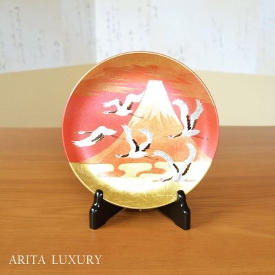 Photo1: Mt.Fuji and Cranes Gold Leaf Decorative Plate 19cm | Tatsuro Ono's  work in Kozan Kiln