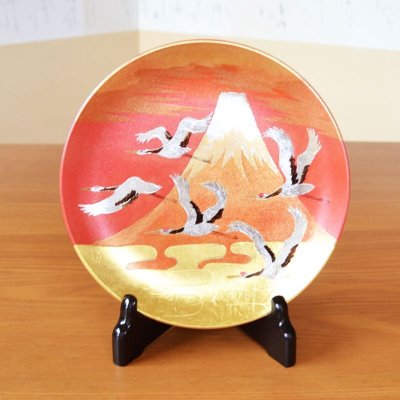 Photo2: Mt.Fuji and Cranes Gold Leaf Decorative Plate 19cm | Tatsuro Ono's  work in Kozan Kiln