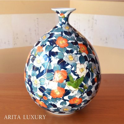 Photo1: Vase Some-Nishiki Tsubaki and Uguisu (Camellia and Nightingale) | Fujii Shoun's work