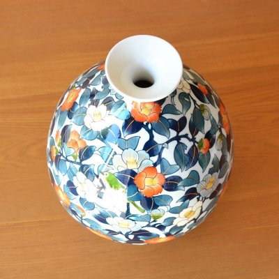 Photo3: Vase Some-Nishiki Tsubaki and Uguisu (Camellia and Nightingale) | Fujii Shoun's work