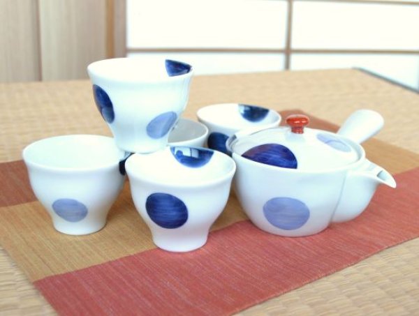 Photo1: Tea set for Green Tea 1 pc Teapot and 5 pcs Cups Nisai marumon Blue Polka dots (1)