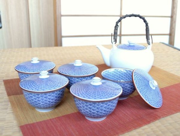 Photo1: Tea set for Green Tea 1 pc Teapot Dobin and 5 pcs Cups Seigaiha (1)